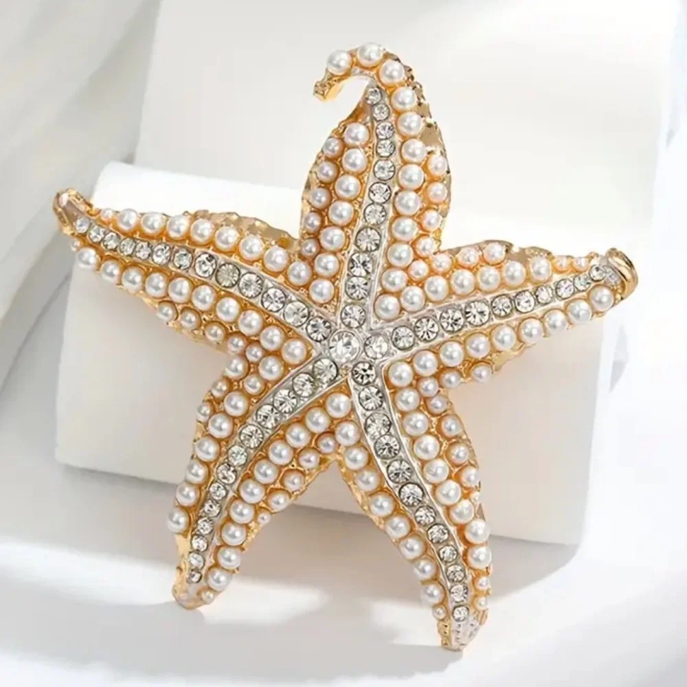 Golden Starfish Pearl, Rhinestones Brooch, Lapel Pin